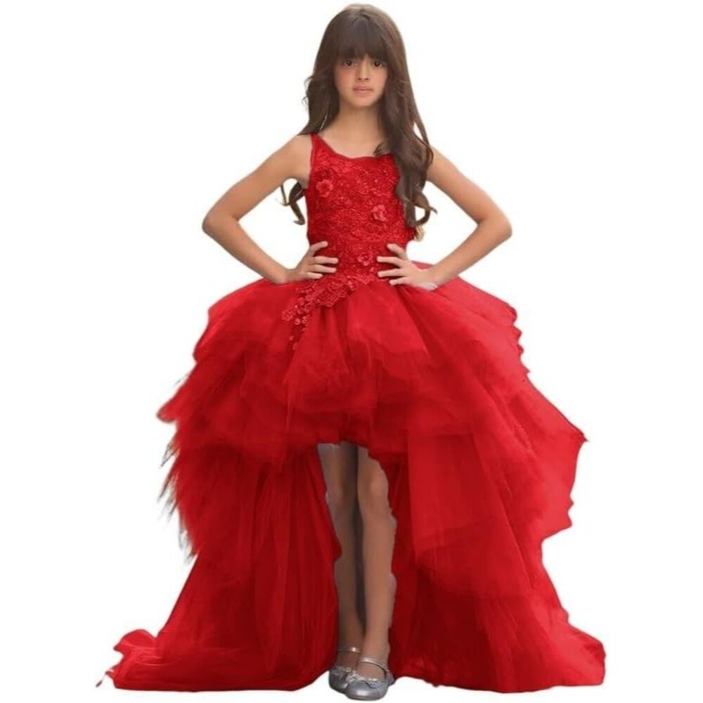 Girls Red Tulle Pageant High-Low Tiered Ruffle Flower Girl Formal Dress Size 8